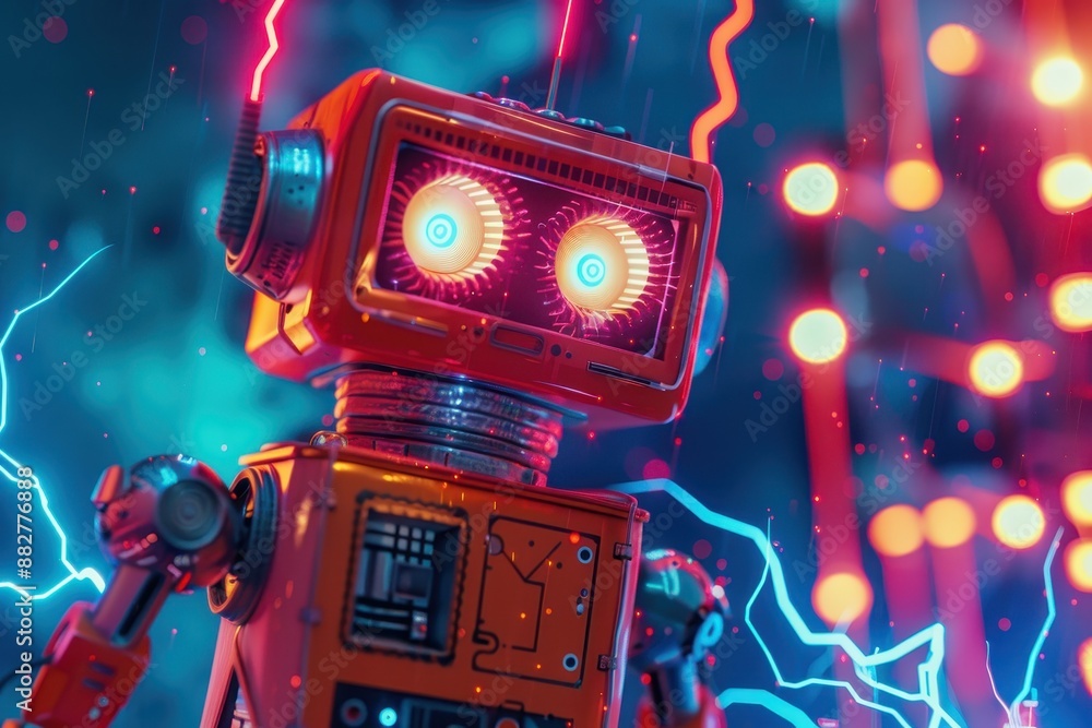 Aufkleber a robot with glowing eyes stands in front of a circuit board