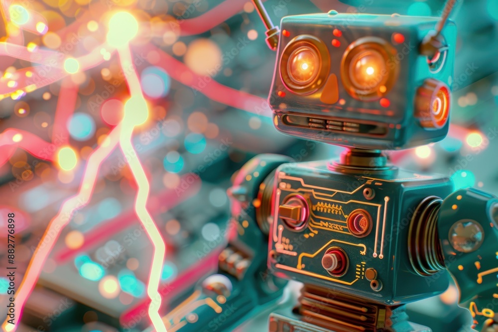 Poster a robot with glowing eyes stands in front of a circuit board