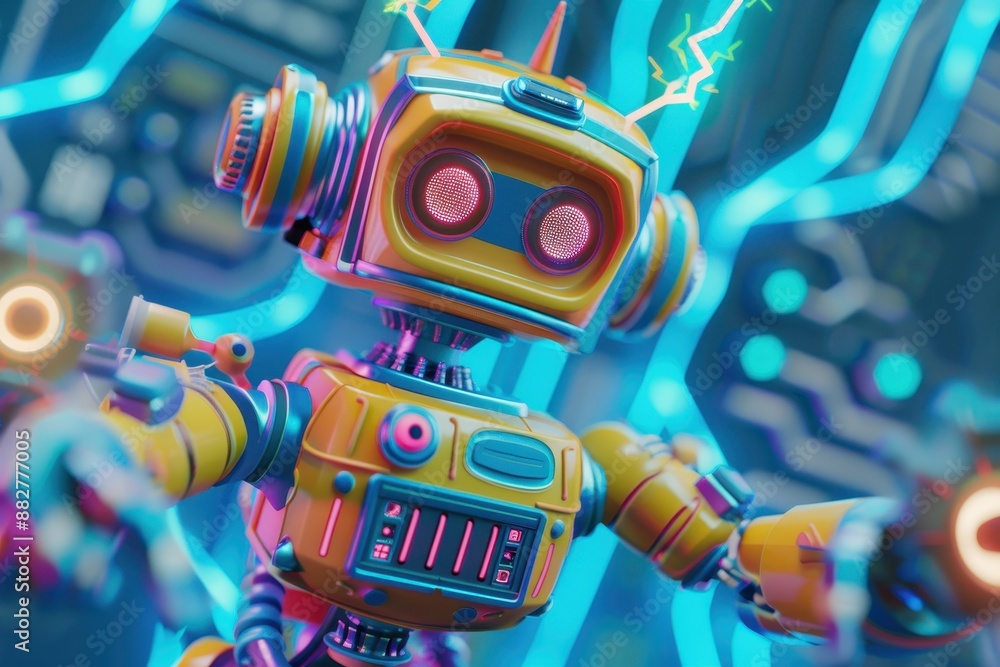 Aufkleber a robot with glowing eyes stands in front of a circuit board