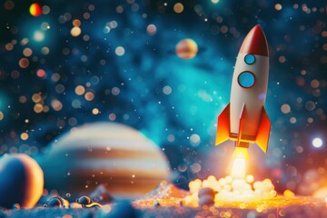 A rocket is flying through space with a planet in the background