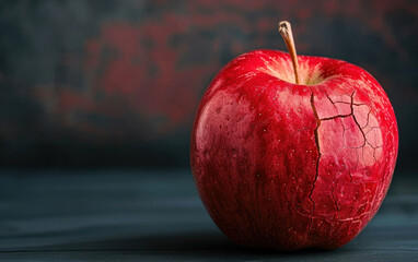 Close-up of a red apple with a cracked surface against a dark background, showcasing the texture and detail of the fruit.