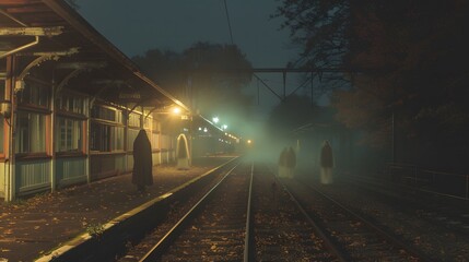 Naklejka premium A haunted train station with ghostly figures waiting for a train