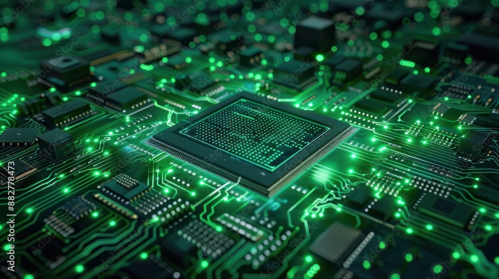 Poster green technology background cpu central processing unit on circuit board, ai futuristic micro proces
