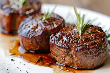 A perfectly grilled and tender filet mignon, showcasing the rich colors of its marbling and seared...