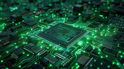 Fototapeta premium Green technology background CPU central processing unit on circuit board, AI futuristic micro processor concept