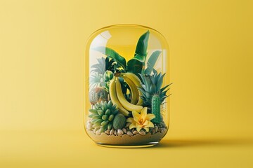 Obraz premium A glass vase filled with a variety of plants and fruits, including bananas