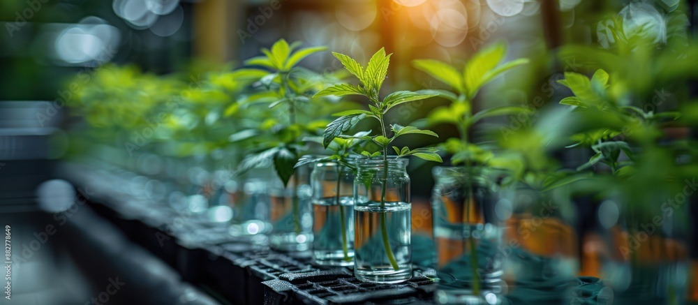 Wall mural Green Plants in Glass Jars on a Dark Background