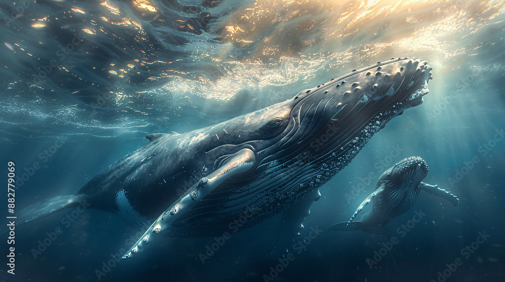 Poster underwater view of a large humpback whale with a calf, illuminated by rays of sunlight streaming thr