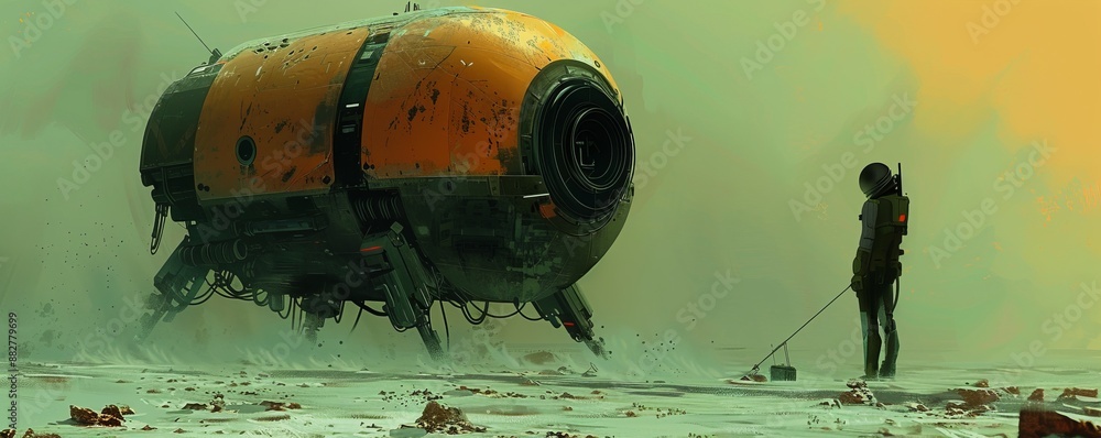 Poster a robot exploring a desolate alien world, its curiosity and resilience guiding its path.