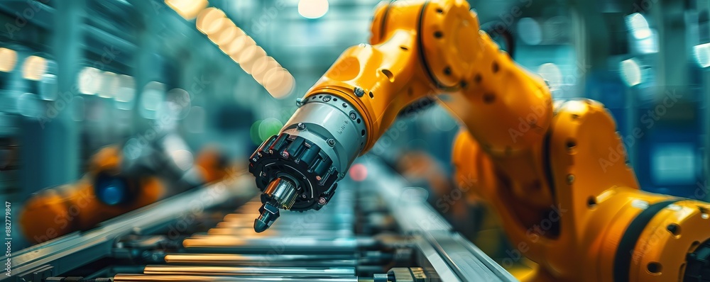 Poster a robot arm assembling a complex piece of machinery, its movements precise and efficient.