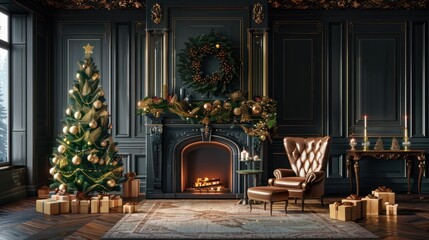 Obraz premium Holiday able with christmas tree and fireplace. with copy space