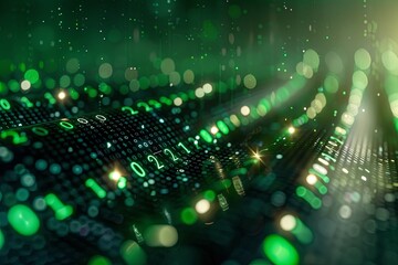 Obraz premium Green dark binary code data streaming background created with Generative AI