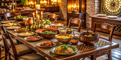 Cozy dining table set with delicious traditional Indian cuisine, ornate wooden chairs, and warm lighting, evoking a sense of joyful family dinner gatherings.