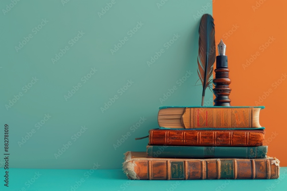 Aufkleber a stack of books with a feather on top and a pen on the bottom