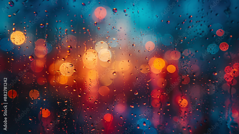 Poster a close-up view of raindrops on glass, creating a vivid bokeh effect with multicolored lights, blend