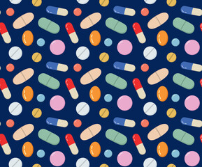 Seamless pattern with cute pills and capsules. Vector flat background	