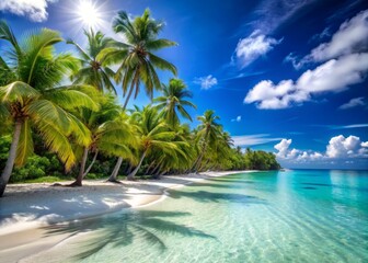 Serene tropical paradise scene featuring a deserted white sand beach lined with swaying palm trees and crystal-clear turquoise waters under a sunny blue sky.