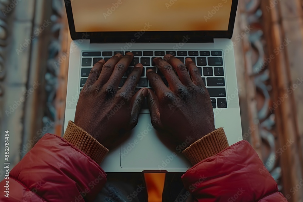 Poster hands typing on a laptop keyboard in a cozy setting