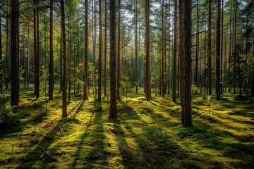 Obraz premium Dense Pine Forest in Sweden with Tall Trees and Moss-Covered Ground, Sunlight Casting Long Shadows on Open Clearing, Eye-Level Shot with Wide-Angle Lens