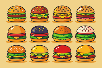  A set of bunches of burgers, vector art illustration 