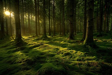 Fototapeta premium Dense Pine Forest in Sweden with Tall Trees and Moss-Covered Ground, Sunlight Casting Long Shadows on Open Clearing, Eye-Level Shot with Wide-Angle Lens