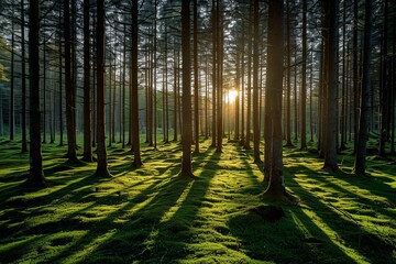 Obraz premium Dense Pine Forest in Sweden with Tall Trees and Moss-Covered Ground, Sunlight Casting Long Shadows on Open Clearing, Eye-Level Shot with Wide-Angle Lens