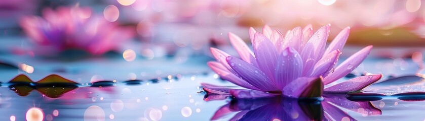 Fototapeta premium Serene pink water lilies floating on a calm pond with a dreamy, blurred background, evoking tranquility and peacefulness.