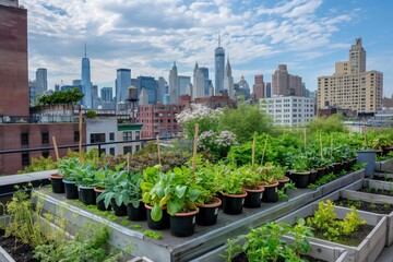 Fototapeta premium landscape Rooftop garden in the city with plants growing in recycled containers