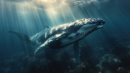 Fototapeta premium A majestic humpback whale glides under water, illuminated by sunrays penetrating the deep blue sea, showcasing nature's serene beauty