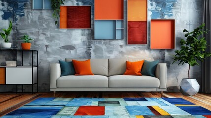modern creative living room interior design backdrop ideas concept house beautiful background elevation of sofa with decorative photo paint frame full wall background,ai generate