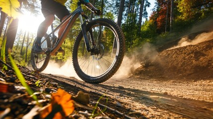 mountain biker riding down an adventure trail in the forest