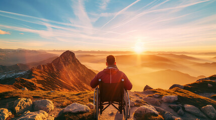 Obraz premium wheelchair user overlooking the breathtaking sunrise over mountains