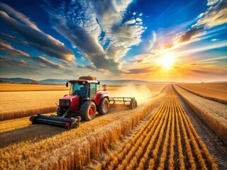 Obraz premium A large tractor navigates across a vast, sun-kissed field, operating a massive harvesting machine to gather golden crops beneath a clear, expansive blue sky.