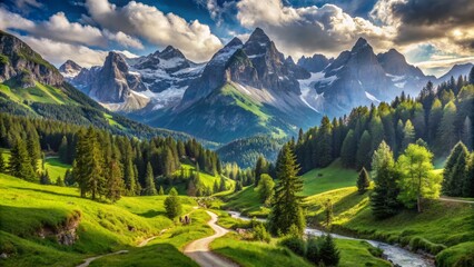Serene alpine landscape with majestic mountains, lush green forests, and winding trails inviting adventure seekers to explore the great outdoors.