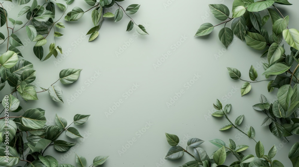 Poster natural green branches with leaves on empty grey background with copy space