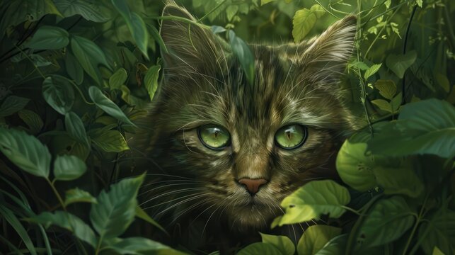 Oculto en un enclave exuberante, un gatito de ojos grandes y melena monocrom&Atilde;&iexcl;tica contempla su dominio verde, encarnando el esp&Atilde;&shy;ritu sereno de la cuna de la naturaleza.
