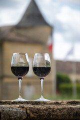 Glasses of french dry red wine in old wine domain on Graves vineyards in Portets village and old castle on background, Bordeaux, France