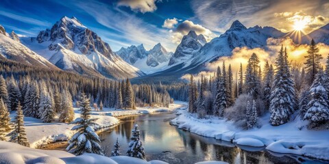 Majestic winter landscape of snow-capped peaks, towering mountains and frozen valleys, showcasing the untouched beauty of the wilderness in a breathtaking panoramic view.