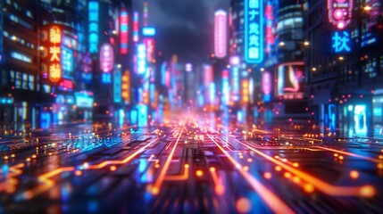 Fototapeta premium Neon city with circuit board street - generative ai