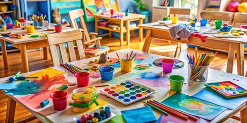 Fototapeta premium Colorful art supplies scattered on a messy table, paint-stained paper, and tiny chairs, capturing the creativity and joy of a preschool art class.