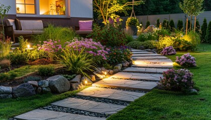 Naklejka premium Illuminated Backyard Garden Stone Walkway with Elegant Ground Lighting, Lush Bushes and Trees.