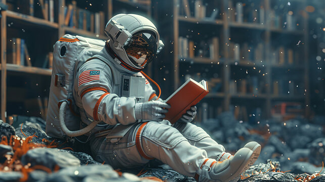 An astronaut reads in a futuristic library surrounded by glowing, ember-like lights and space-themed décor, merging solitude with exploration