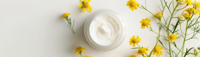 Top view of a skincare cream jar surrounded by yellow flowers on a white background, representing natural beauty and self-care.