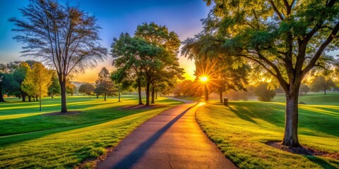 Obraz premium Vibrant morning sunrise casts a warm glow on a serene park scene, empty trail beckons for a morning jog, conveying a sense of health and wellness.
