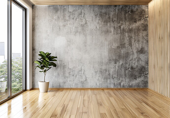 A large wall with gray wallpaper, wooden floors and ceiling, with light-colored wood flooring