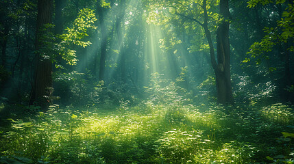 Obraz premium Lush green forest with sunbeams filtering through, casting light on the forest floor