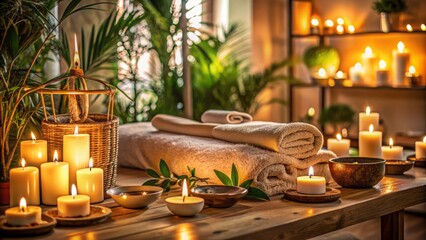 Fototapeta premium Soothing atmosphere of an ayurvedic spa salon, serene ambient lighting, with candles and essential oils, evoking relaxation and rejuvenation, emphasizing self-care and beauty rituals.