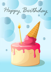A greeting card with a bright cake and a candle. Happy Birthday. Cartoon style.
