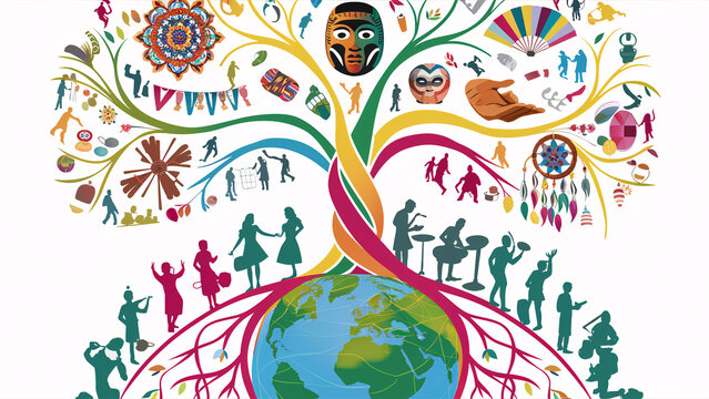 Illustration of a cultural diversity tree, with roots extending from a globe. The tree branches showcase various cultural symbols, artifacts, and activities, highlighting global unity and cultural ric