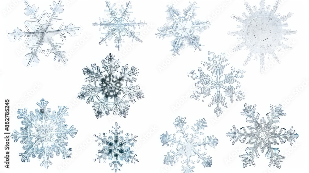 Poster set of different snowflakes isolated on white background. macro photo of real snow crystals. generat